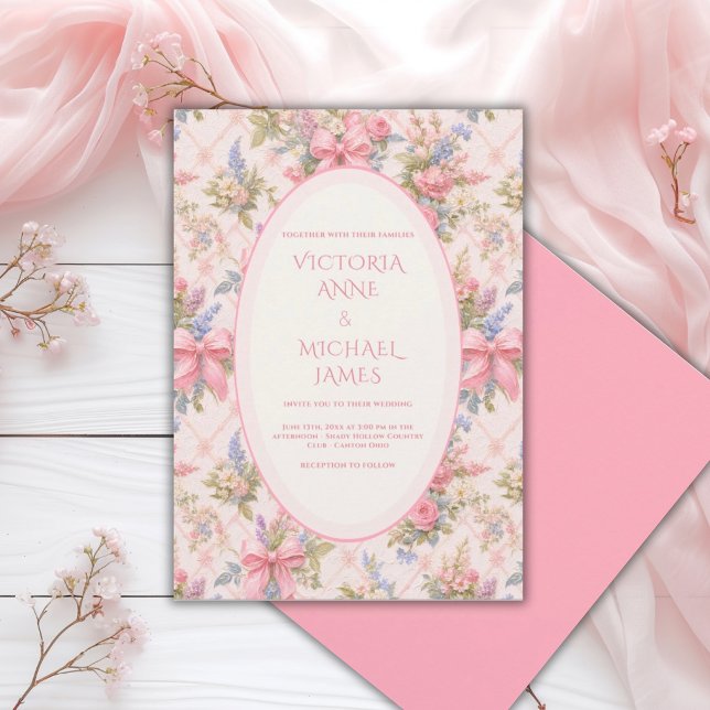 Convites Laços Rosa Floral Casamento Vintage (Criador carregado)