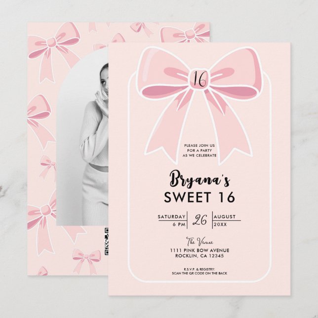 Convites Laços Rosa Fofos Coquette Charmoso Sweet 16 (Frente/Verso)