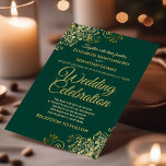 Convites Lacy Dourada no casamento Elegante Simples Emerald<br><div class="desc">Este belo convite para o casamento apresenta um simples, mas elegante design de texto dourado num fundo verde esmeraldo com bordas de filigrana floral de folha de ouro. Bem-vindos seus convidados para compartilhar seu dia especial de celebração de casamento com estes maravilhosos convites sofisticados com texto dourado. Um casamento é...</div>