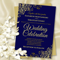 Lacy Dourado Filigree no Marinho Simples Casamento