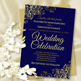 Convites Lacy Dourado Filigree no Marinho Simples Casamento