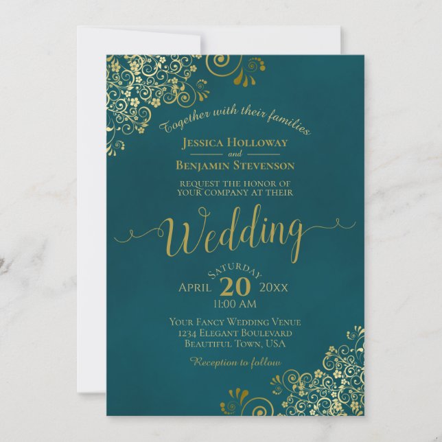 Convites Lacy Gold Calligraphy Elegant Teal Wedding (Frente)