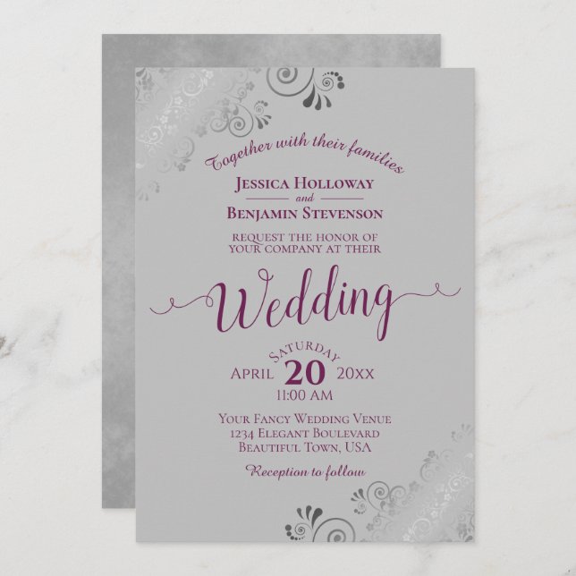 Convites Lacy Silver Elegant Cassis Purple em Casamento de  (Frente/Verso)