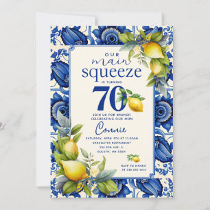Convites Ladrilho Azul Vintage Limão Amarelo 70 Anos