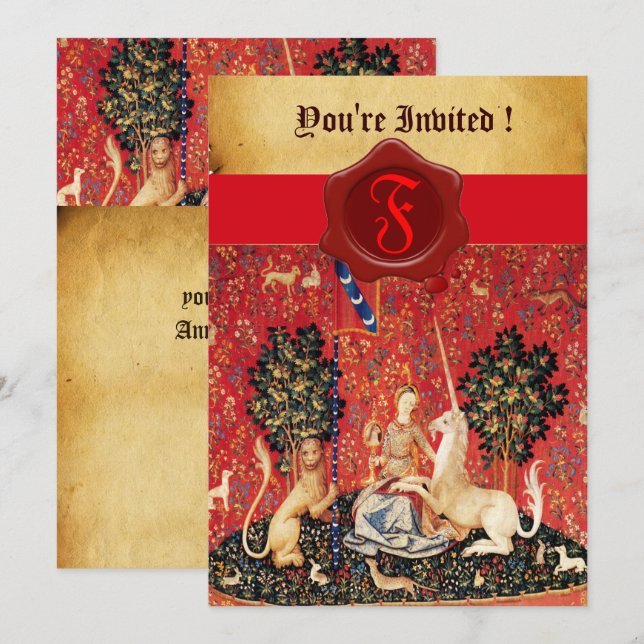 CONVITES LADY E UNICORN MONOGRAM RED WAX SEAL PARCHING (Frente/Verso)