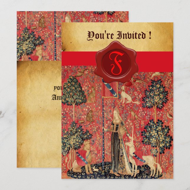 CONVITES LADY E UNICORN MONOGRAM RED WAX SEAL PARCHING (Frente/Verso)