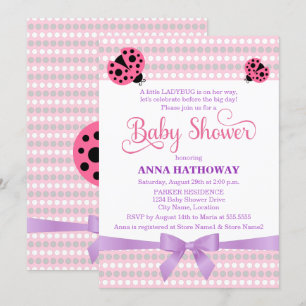 Convites Ladybug rosa com Lavanda e Chá de fraldas pratead