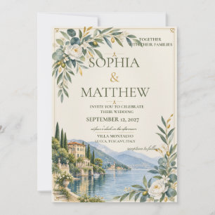 Convites Lago de Como Casamento Azul Elegante e Dourado A