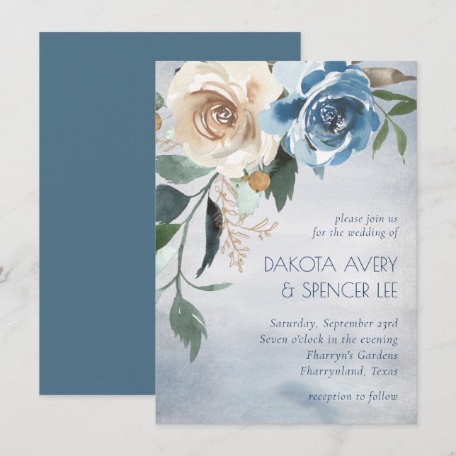 Convites Lago Floral | Casamento Azul e Branco Desligado (Frente/Verso)