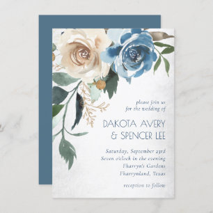 Convites Lago Floral Dusty Blue Denim Cream Weds