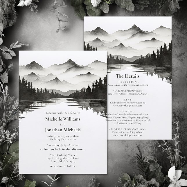 Convites Lago Montanha Negro e Branco Tudo em Um Casamento (Mountain Lake Black and White All in One Wedding Invitation)