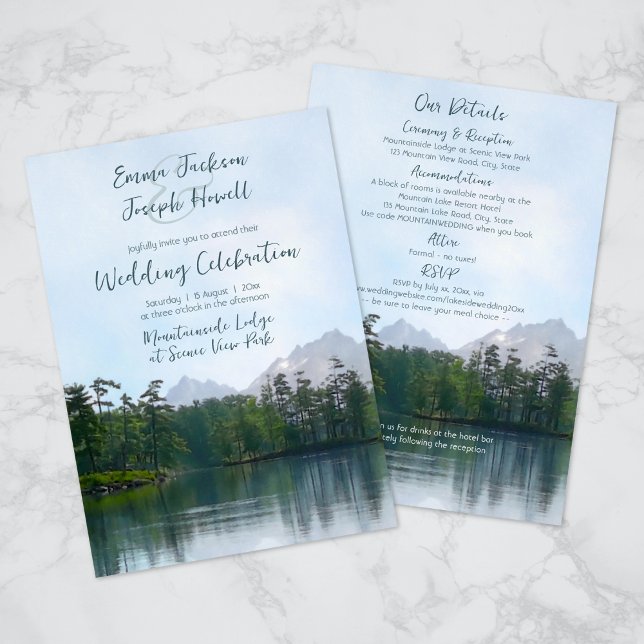 Convites Lago nas montanhas em um único casamento (front & back - combination invitation plus details card - easily add a QR code with Z design tool)
