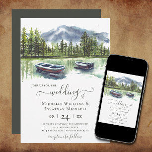 Convites Lago Rustic de Watercolor com Casamento de Barcos