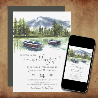 Convites Lago Rustic de Watercolor com Casamento de Barcos