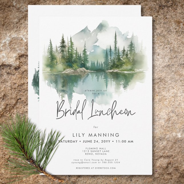 Convites Lago Rustic Mountain Watercolor Bridal (Rustic Mountain Lake Watercolor Bridal Luncheon Invitation)