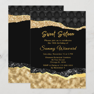 Convites Lágrimas de Glamour Preto e Dourado Sweet Sixteen