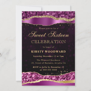 Convites Lágrimas de Glamour Roxo e Dourado Sweet Sixteen