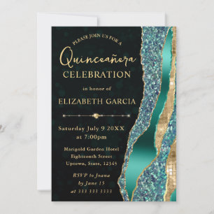 Convites Lágrimas Glam Teal e Dourado Bokeh Quinceanera