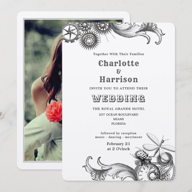 Convites Lágrimas Mecânicas Vintage Steampunk Insetos Foto  (Frente/Verso)