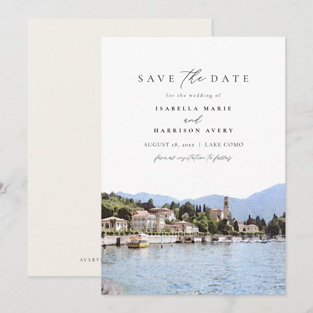 Convites LAKE COMO Watercolor Itália Skyline Salvar Data (Frente/Verso)