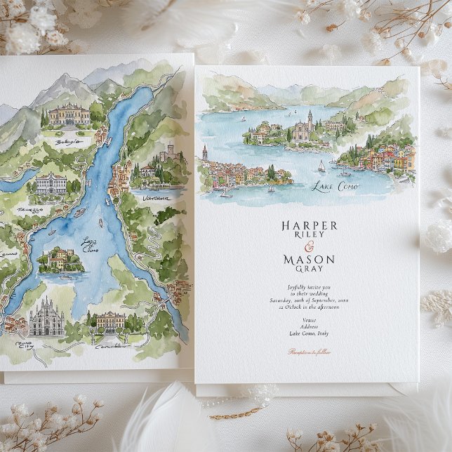 Convites Lake Como Watercolor Panorama Map Wedding (Criador carregado)