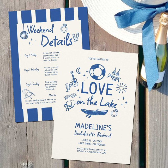 Convites Lakehouse Bachelorette Party Love Lake Blue Stripe (lakehouse bachelorette party weekend invitation love on the lake lakeside bride hand drawn blue)