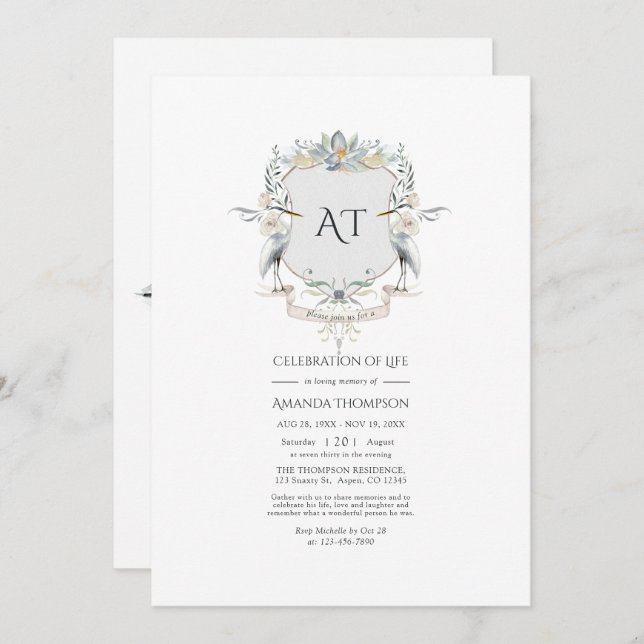 Convites Lakeside Monograma Laurel Crest Celebração da Vida (Frente/Verso)