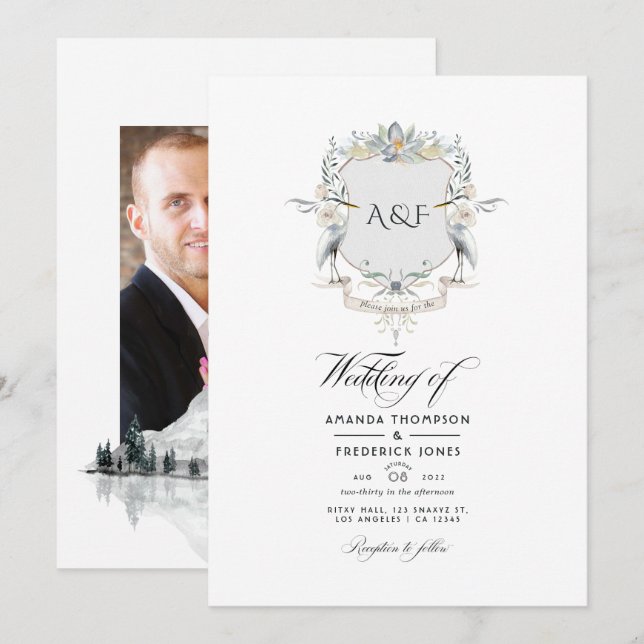Convites Lakeside Monograma Laurel Crest Foto de Casamento (Frente/Verso)