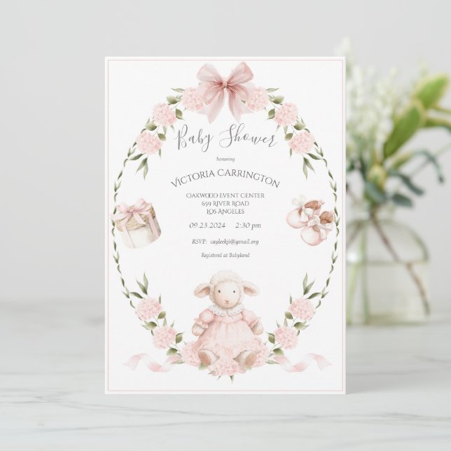 Convites Lamb Floral Hydrangeas Pink Girl Baby Shower (Em pé/Frente)