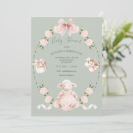 Convites Lamb Floral Hydrangeas Pink Sage Girl Baby Shower