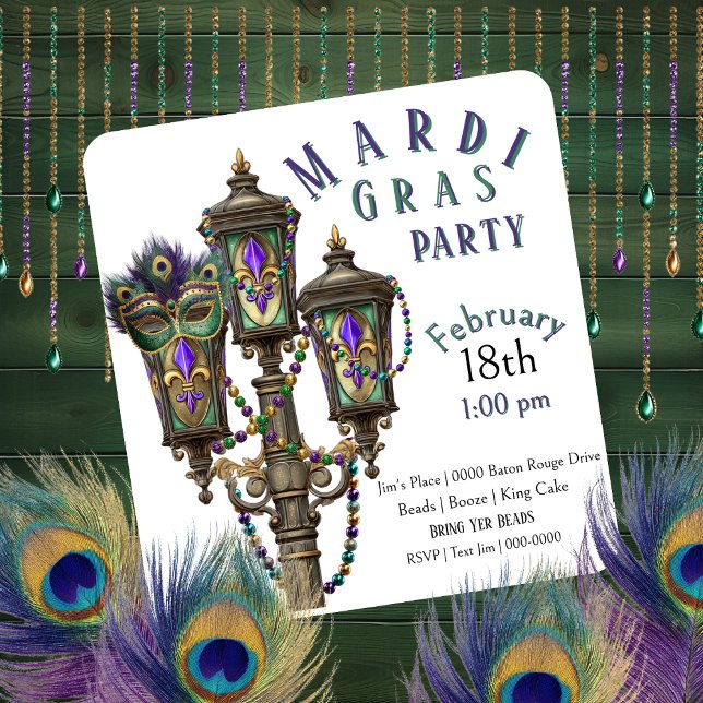 Convites Lâmpada a Gás | Contas de Mardi Gras | Máscara  (Gas lamp and Mardi Gras beads party invitation you can fully customize. )