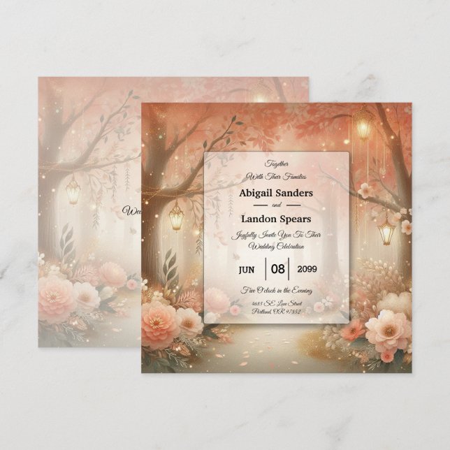 Convites Lâmpada de casamento Enchanted Forest com tons de  (Frente/Verso)