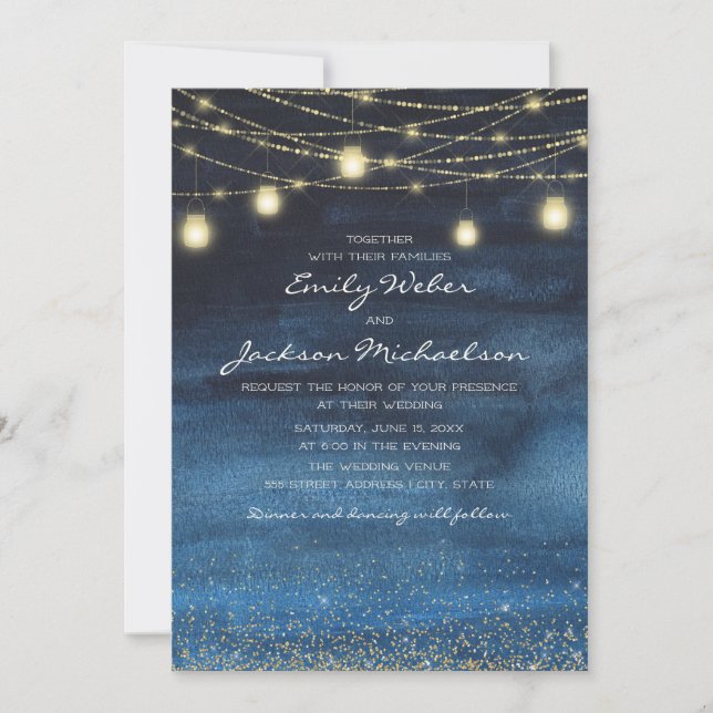 Convites Lâmpada de Corda Glitter Dourado Azul Bodas (Frente)