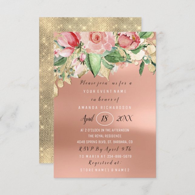 Convites Lâmpada de Rosa Dourada verde com ventilador do ch (Frente/Verso)