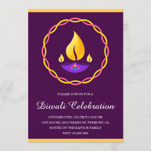 Convites Lâmpada Diya Indiana Elegante Roxa Festa Diwali
