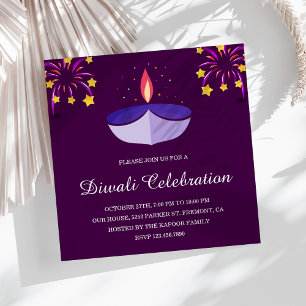 Convites Lâmpada Diya Indiana Elegante Roxa Festa Diwali
