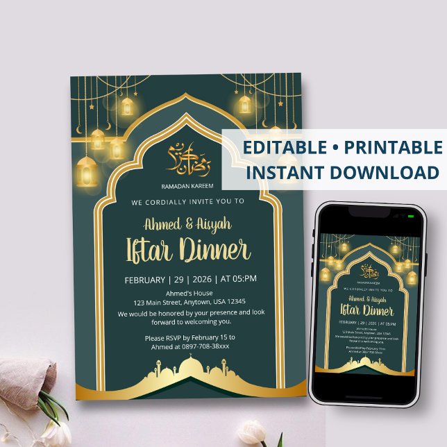 Convites Lâmpada Elegante de Iftar do Ramadão em Azul Turqu (Criador carregado)