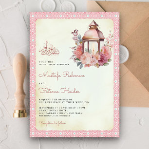 Convites Lâmpada Floral Rosa Rústica Casamento Muçulmano