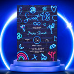 Convites Lâmpada laser de neon dos anos 80 Doce tijolo azul<br><div class="desc">Um legal e moderno brilho laser de neon dos anos 80 Sweet 16 na parede de tijolos azuis marinhos com sinal elétrico de ilustração azul neon de flamingo, óculos de sol, beijo, abacaxi, arco-íris, corações, flores. lua, skates de rolo, bola de disco e muito mais. Perfeito para brilhar na escuridão,...</div>