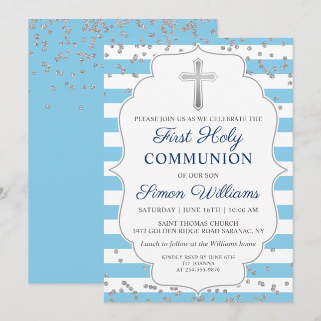 Convites Lâmpada Luminosa de Prata - Primeira Comunhão (Frente/Verso)