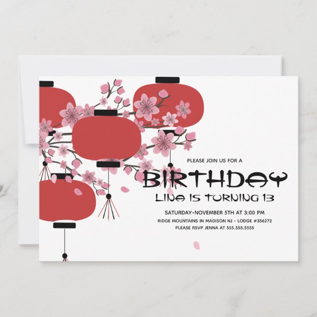 Convites Lâmpada Oriental Japonesa Chinesa Sakura Aniversár (Frente)