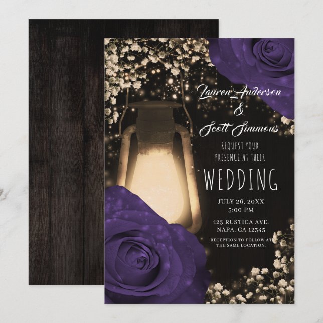 Convites Lâmpada Rustic Glow Cor Berinjela Rosas Casamento  (Frente/Verso)