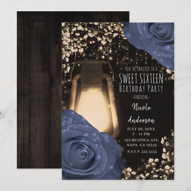 Convites Lâmpada Rustic Glow e Rosas Azuis Steele Sweet 16 (Frente/Verso)