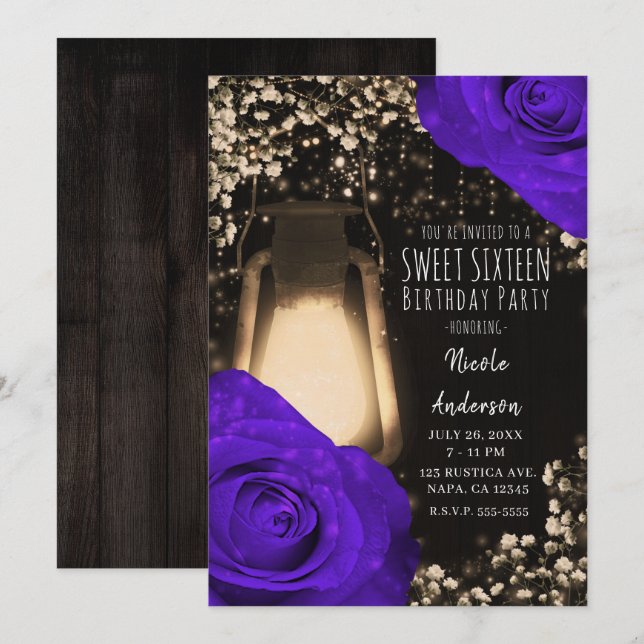 Convites Lâmpada Rustic Glow e Rosas Roxas Violeta Sweet 16 (Frente/Verso)