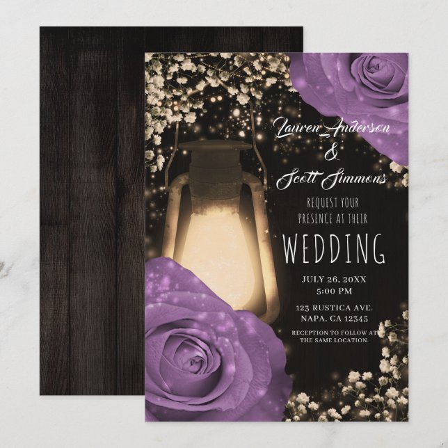 Convites Lâmpada Rustic Glow Lilás Rosas Roxas Casamento (Frente/Verso)