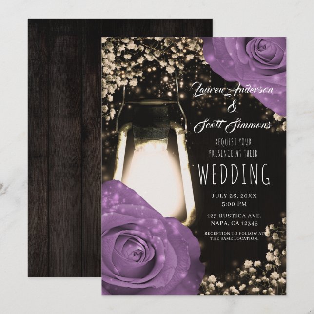 Convites Lâmpada Rustic Glow Lilás Roxo Rosas Casamento  Em (Frente/Verso)