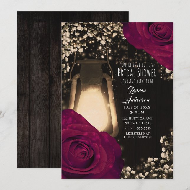 Convites Lâmpada Rustic Glow Magenta Rosas Chás de Noiva (Frente/Verso)