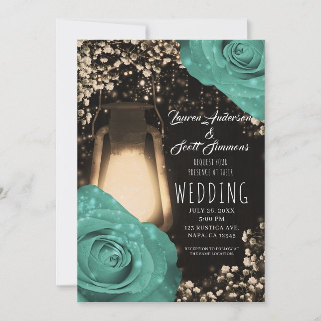 Convites Lâmpada Rustic Glow Mint Green Roses Casamento  In (Frente)