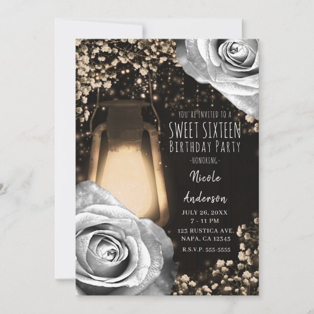 Convites Lâmpada Rustic Glow Prata Cinza Rosas Sweet 16 (Frente)