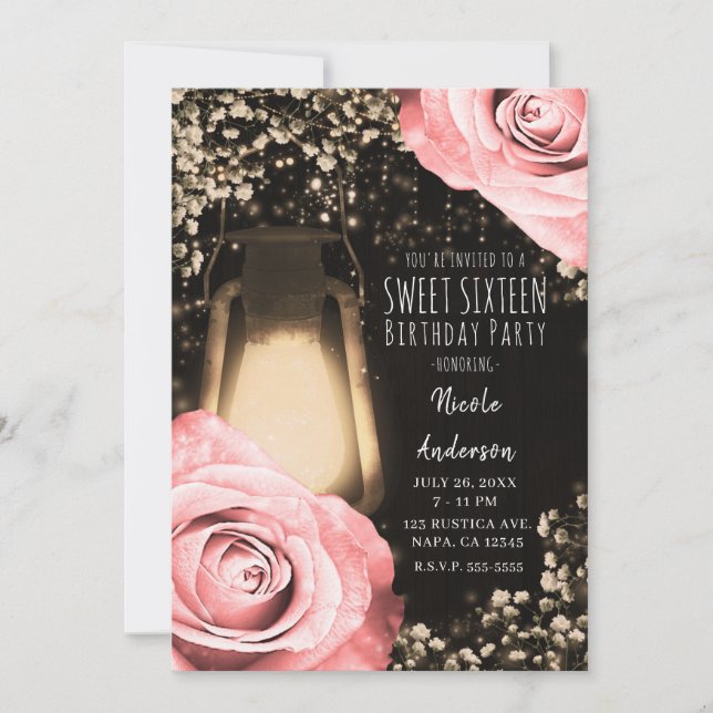 Convites Lâmpada Rustic Glow Rosa Bege Rosas Sweet 16  (Frente)